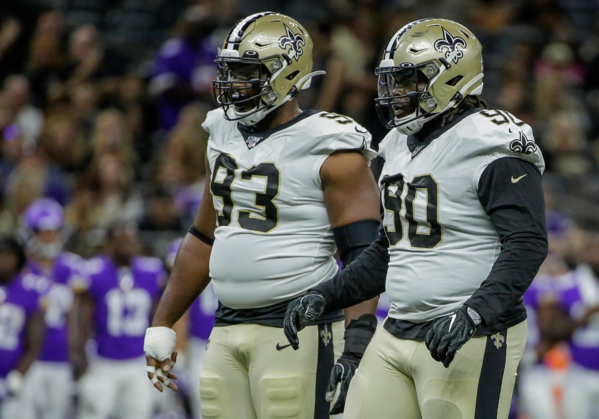Aug 9, 2019; New Orleans, LA, USA; Saints defensive tackles David Onyemata (93) and Malcom Brown (90) at the Mercedes-Benz Superdome. Mandatory Credit: Derick E. Hingle-USA TODAY 